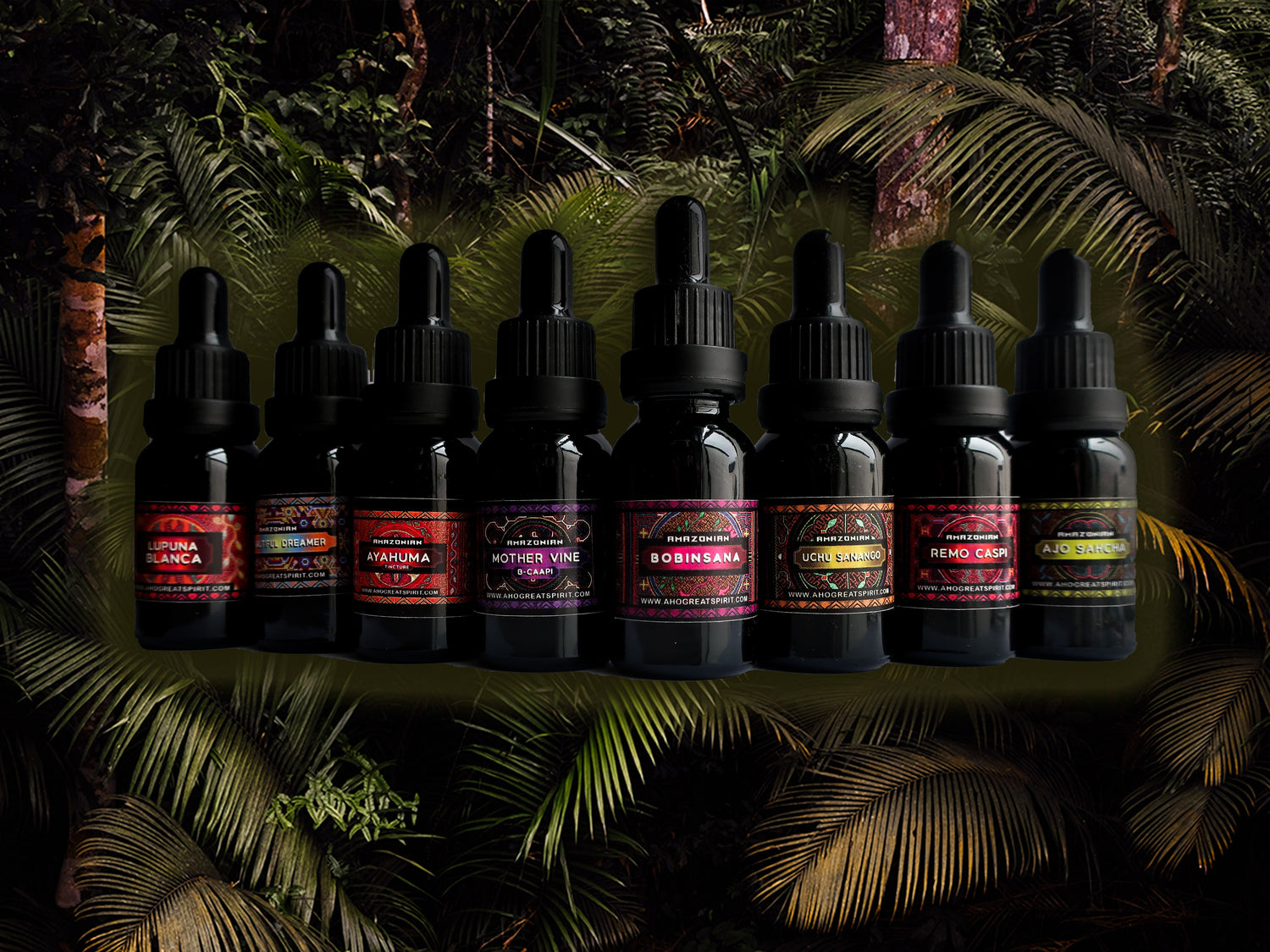 "Assorted Amazonian master plant tinctures and extracts, bottled natural remedies from the heart of the rainforest."