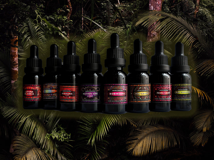"Assorted Amazonian master plant tinctures and extracts, bottled natural remedies from the heart of the rainforest."