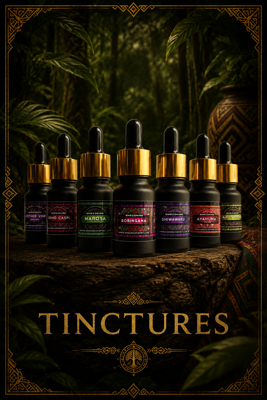 "Assorted Amazonian master plant tinctures and extracts, bottled natural remedies from the heart of the rainforest."